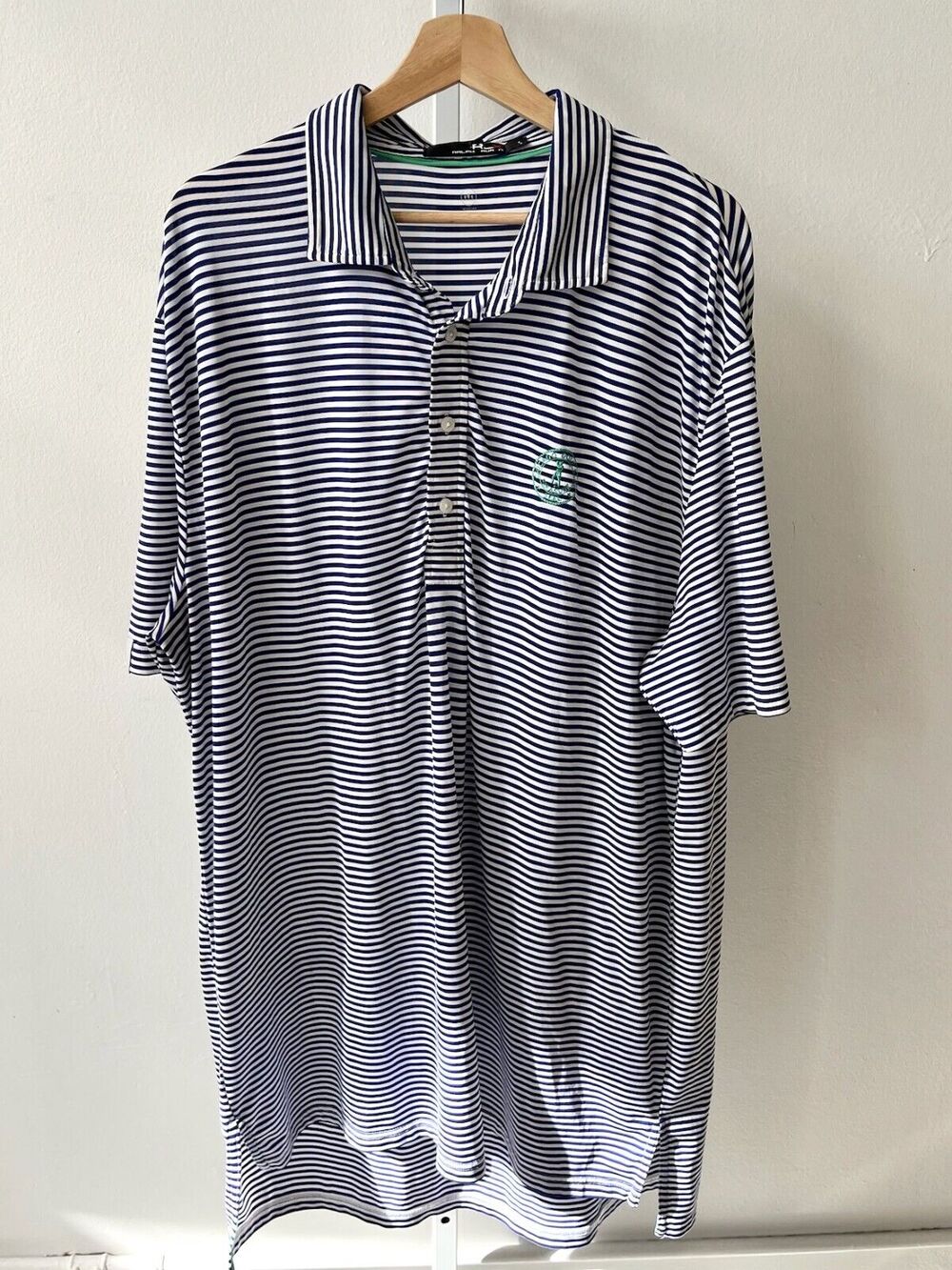 RLX RALPH LAUREN Mens XL Chicago Golf Club Striped Polo Shirt Blue White